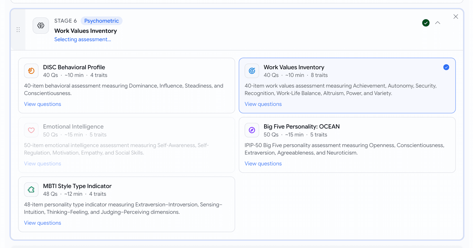 Psychometric framework picker as a 2-column card grid with icons and metadata