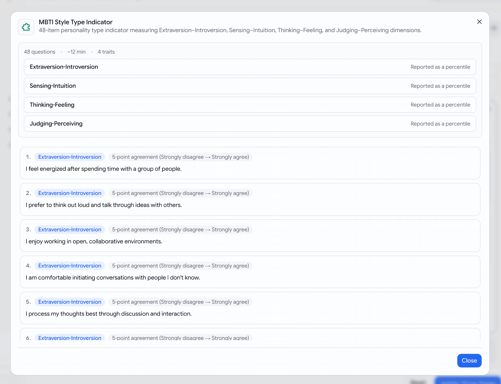 Preview dialog showing traits summary and full ordered question list