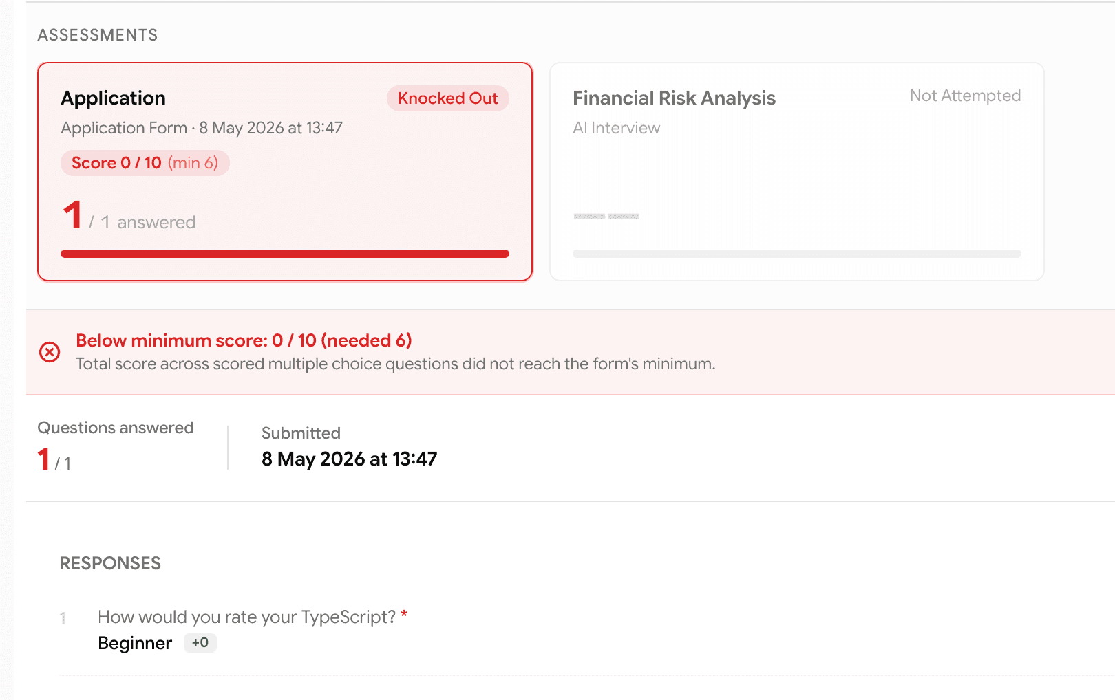 Admin report showing score badge, below-minimum banner, and +points chip on each answer