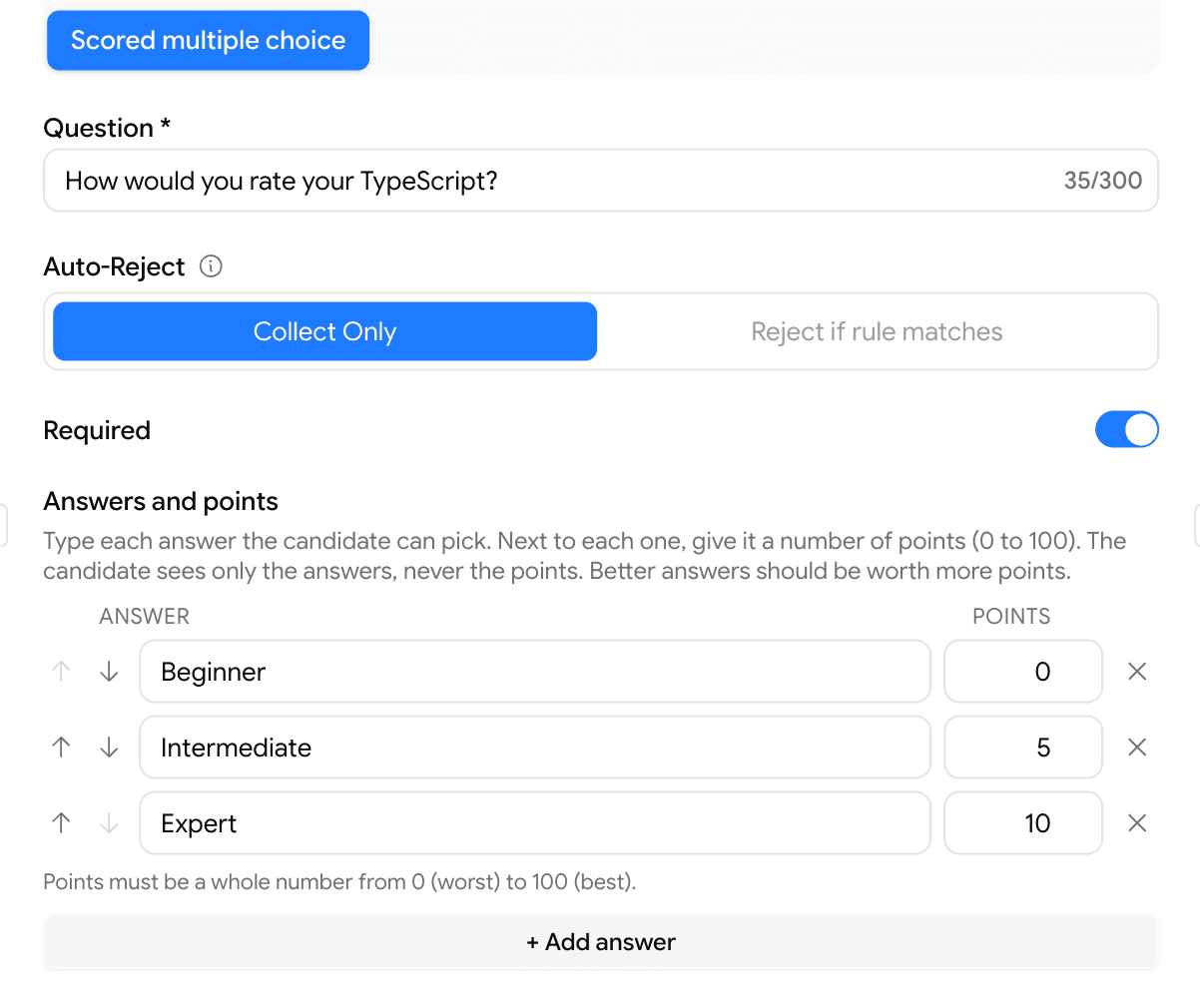 Scored multiple choice editor with Answer and Points columns