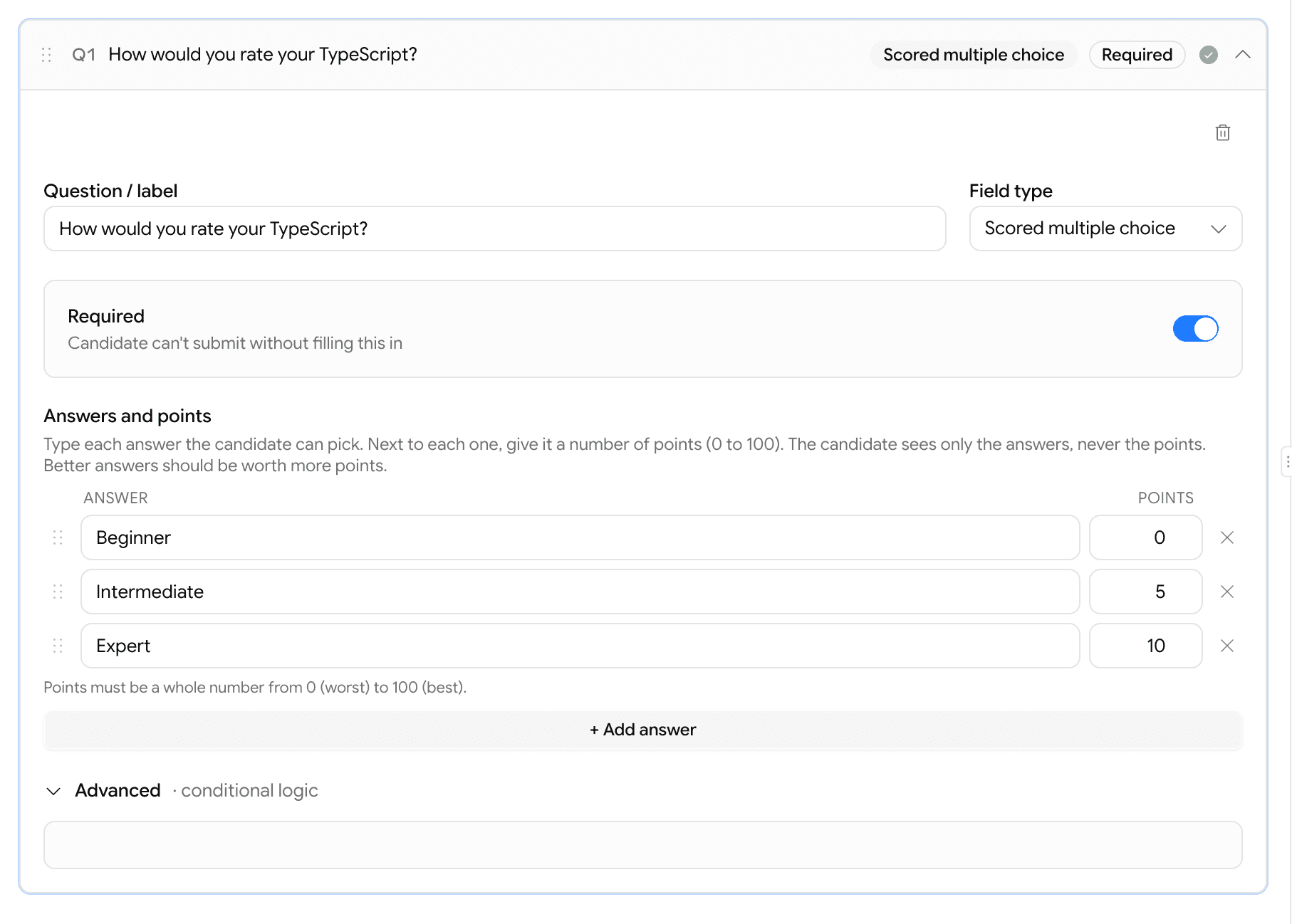 Advanced panel showing conditional logic on a Scored multiple choice question